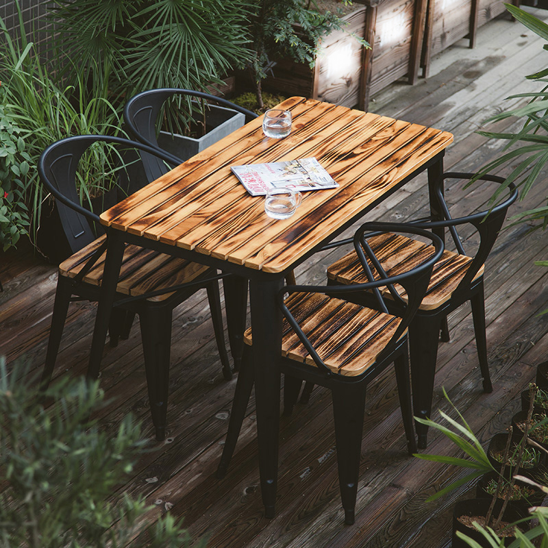 铁艺广场户外桌椅组合五件套露台防腐实木室外桌椅阳台庭院休闲桌