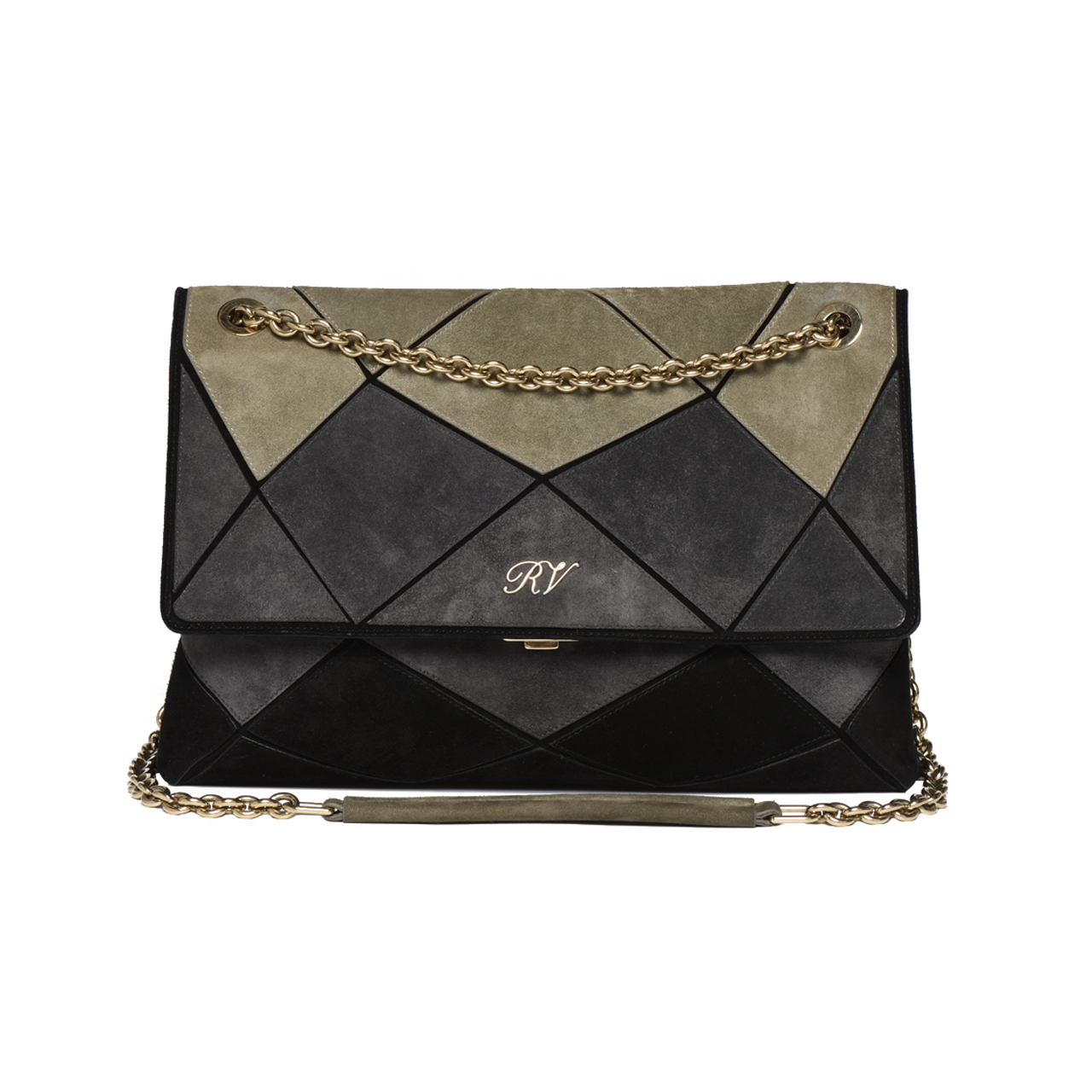 [9.0新]罗杰维维亚rv女士三拼色麂皮菱格金链单肩包20001421