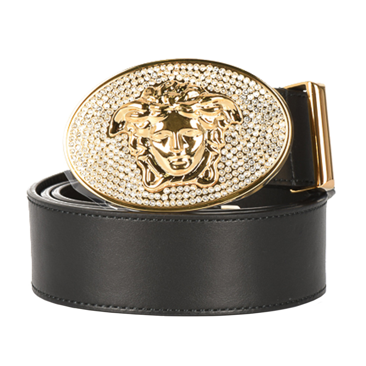 [未使用]范思哲versace中性黑色牛皮美杜莎水钻椭圆形金扣皮带90