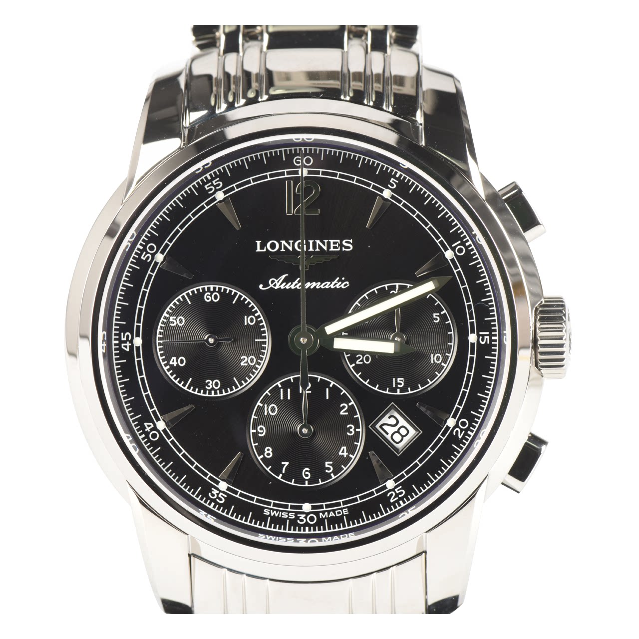 [未使用]longines浪琴男士黑盘计时日历精钢自动机械表索伊米亚