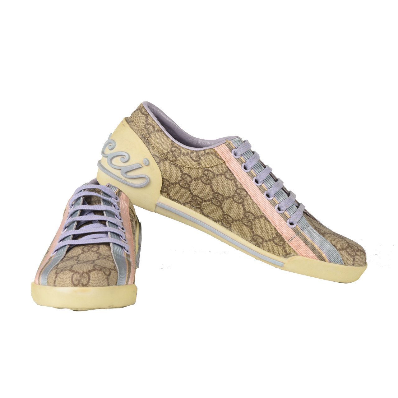 [未使用]古奇gucci女士咖啡色pvc紫系鞋带休闲鞋36.5码10000774