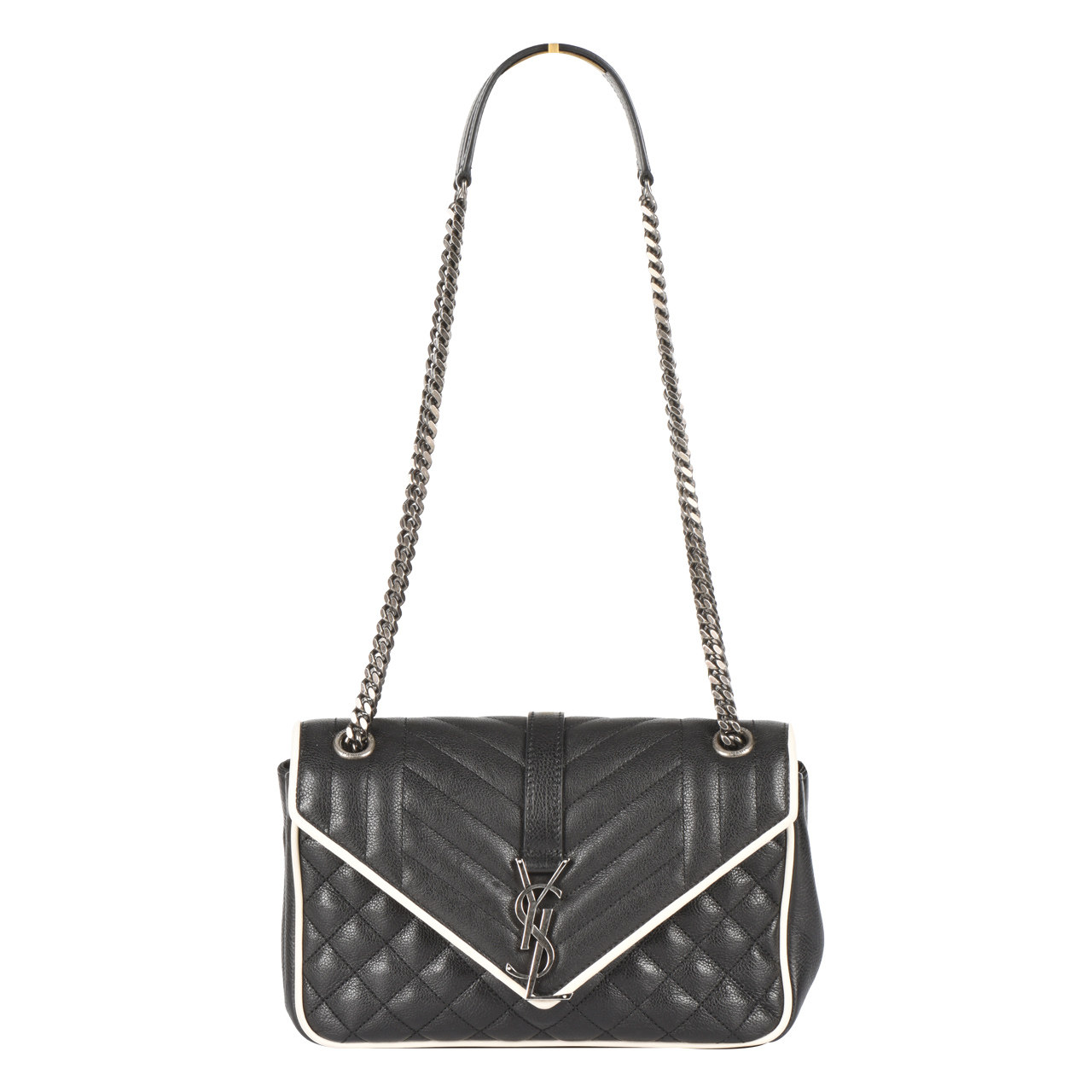 [9.8新]圣罗兰slp女士限量款黑色牛皮拼白边翻盖作旧扣链条单肩包