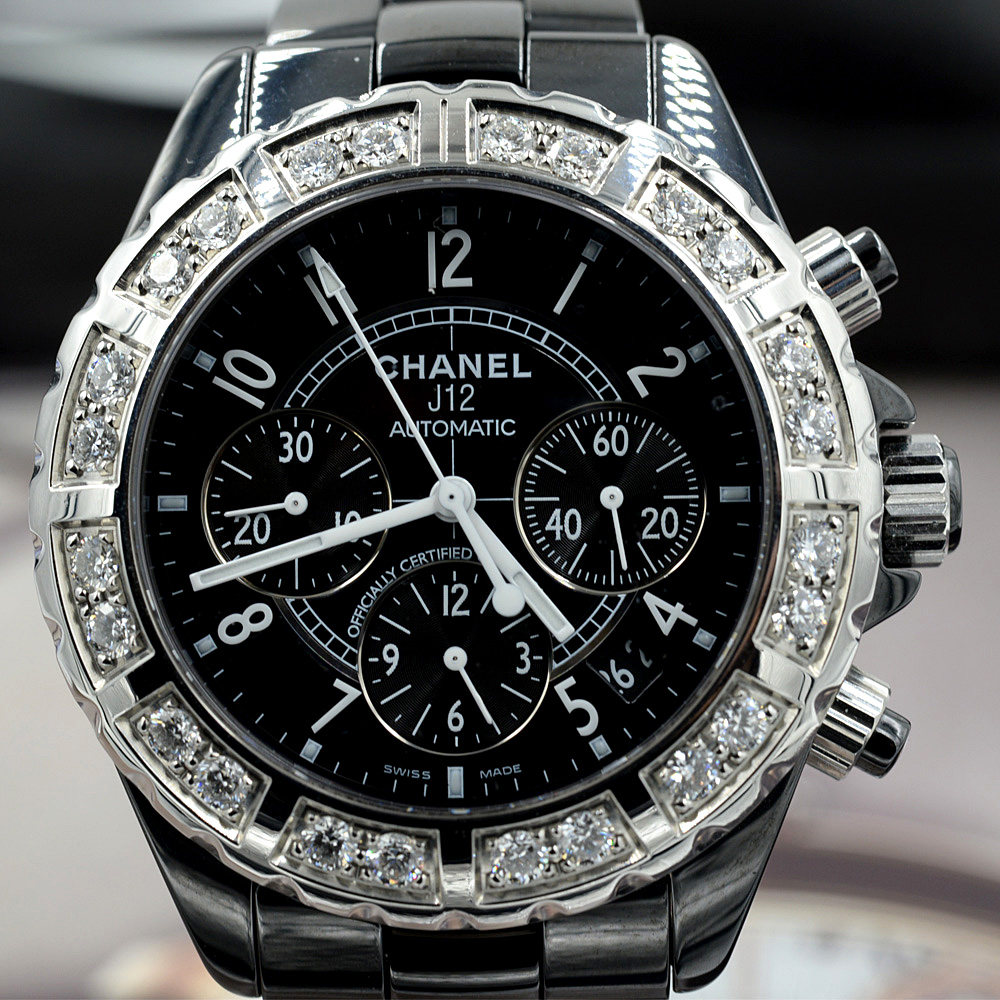 【中古】chanel/香奈儿 j12系列黑陶瓷镶钻石计时自动机械表