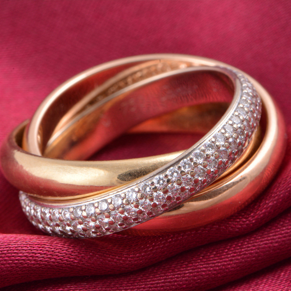 【中古】cartier/卡地亚 三色金trinity系列 单环镶钻 戒指 57号