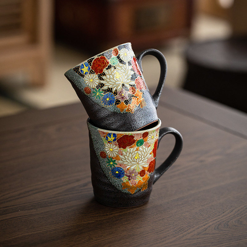 同合日本进口九谷烧咖啡对杯手作金花纹马克杯结婚礼物陶瓷茶杯子
