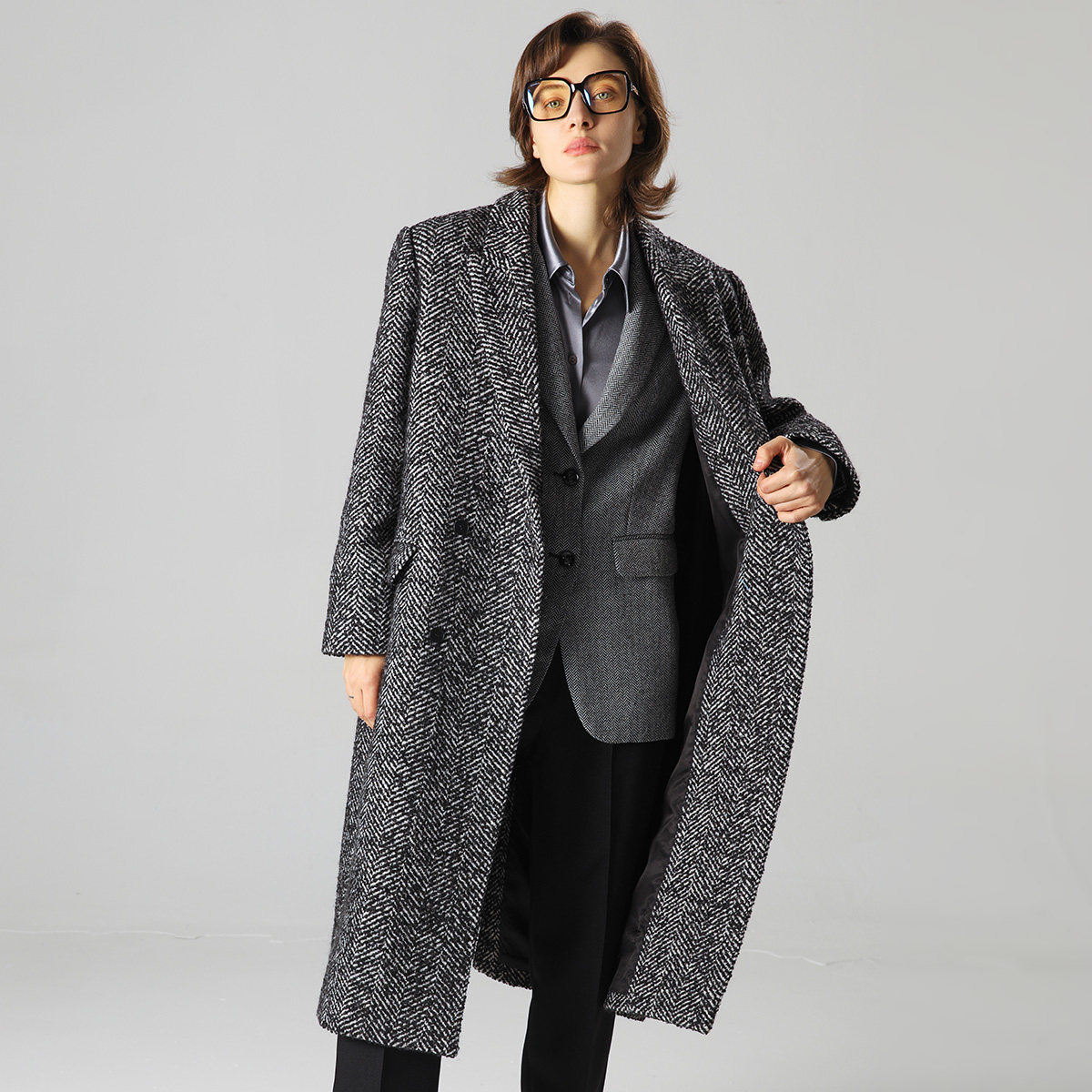 壹薇/ 圈圈呢人字纹bf男友风西装大衣女直身显瘦冬季羊毛呢外套