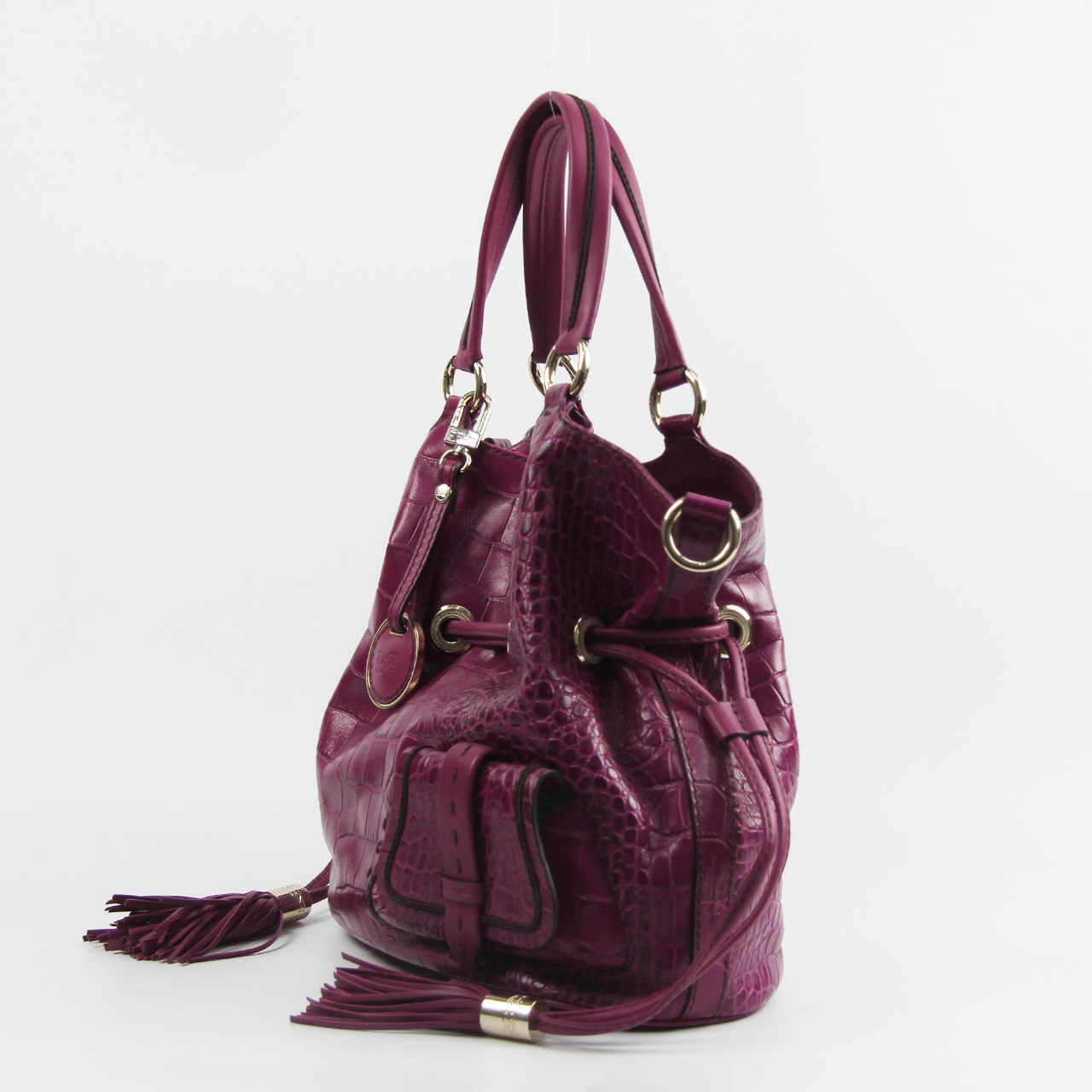 [9.8成新]lancel兰姿玫红色鳄鱼皮纹路经典款女士水桶包