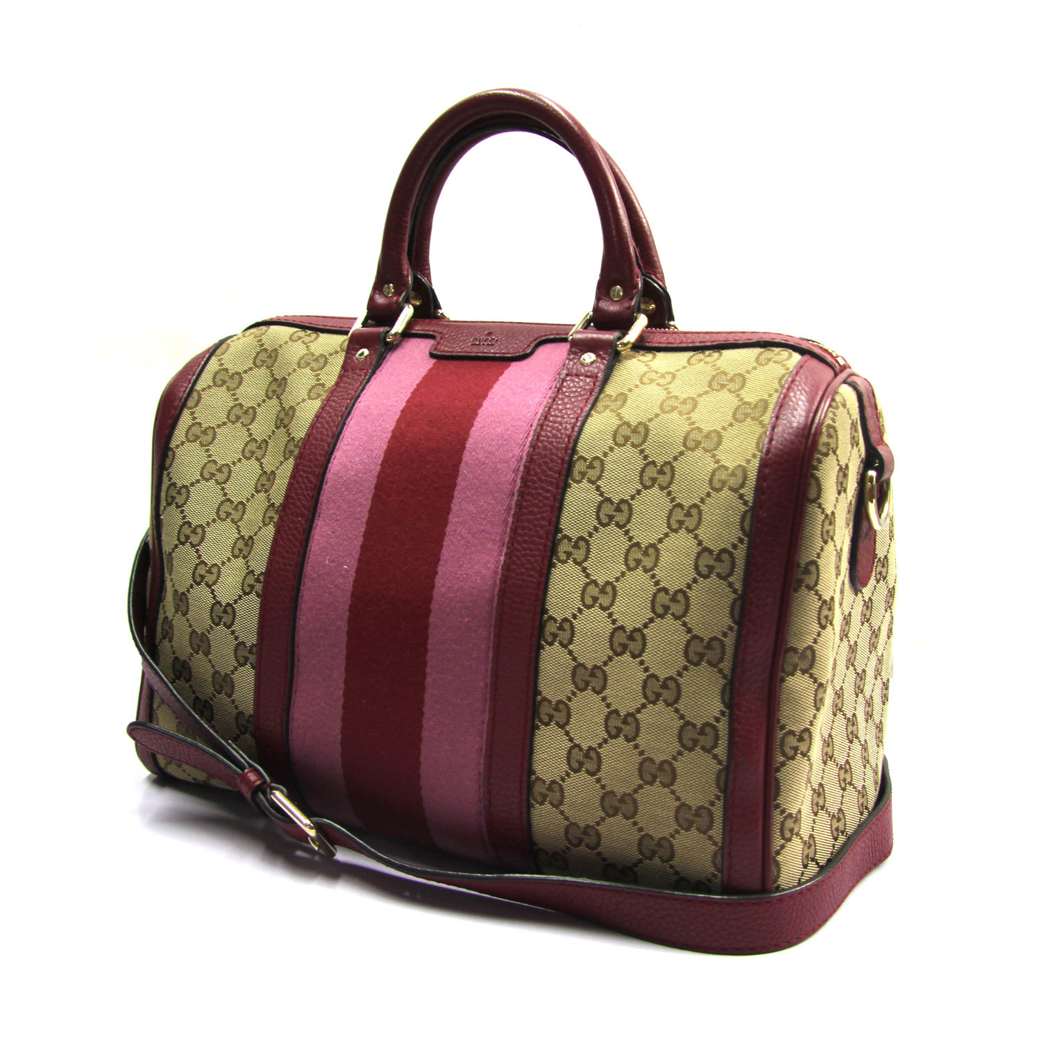 [9.5新]古驰gucci枚红色条带波士顿包 女士手提单肩斜跨包