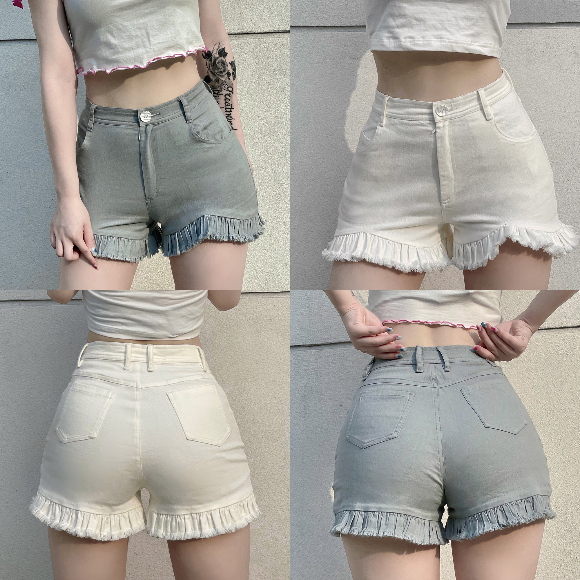 复古款百搭花边高腰牛仔裤短裤女夏季纯欲风显瘦热裤-cb缎带兔