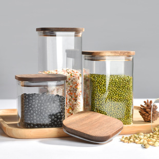 2024款高硼硅玻璃密封罐厨房收纳罐杂粮储物罐方形相思木盖玻璃罐