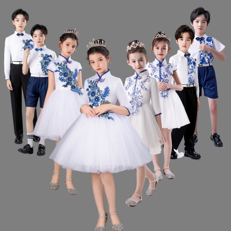 元旦新款儿童合唱服中国风中小学生朗诵比赛演出服礼服女童蓬蓬裙