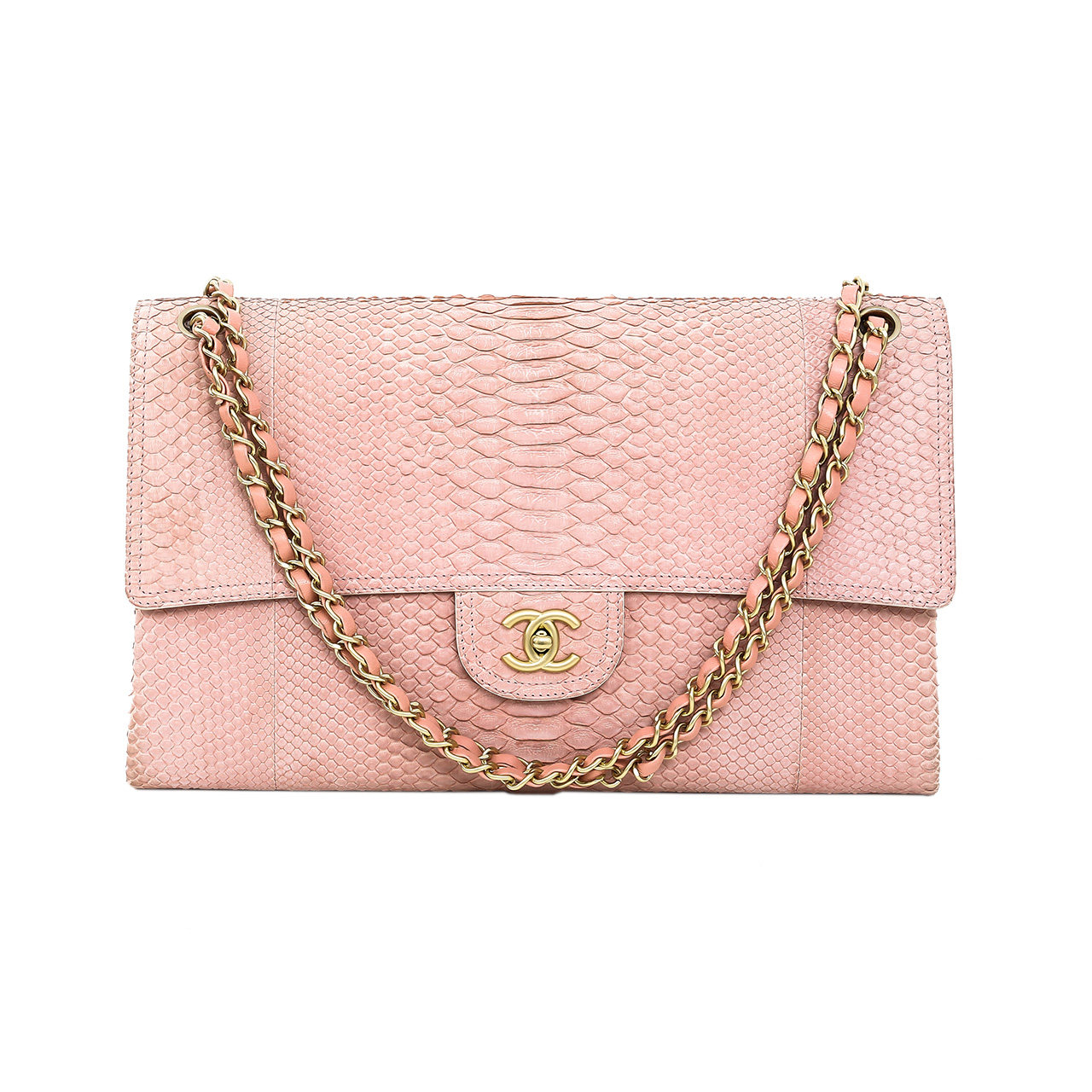 [9.8新]香奈儿chanel女士粉色蛇皮timeless大号限量款手提单肩包