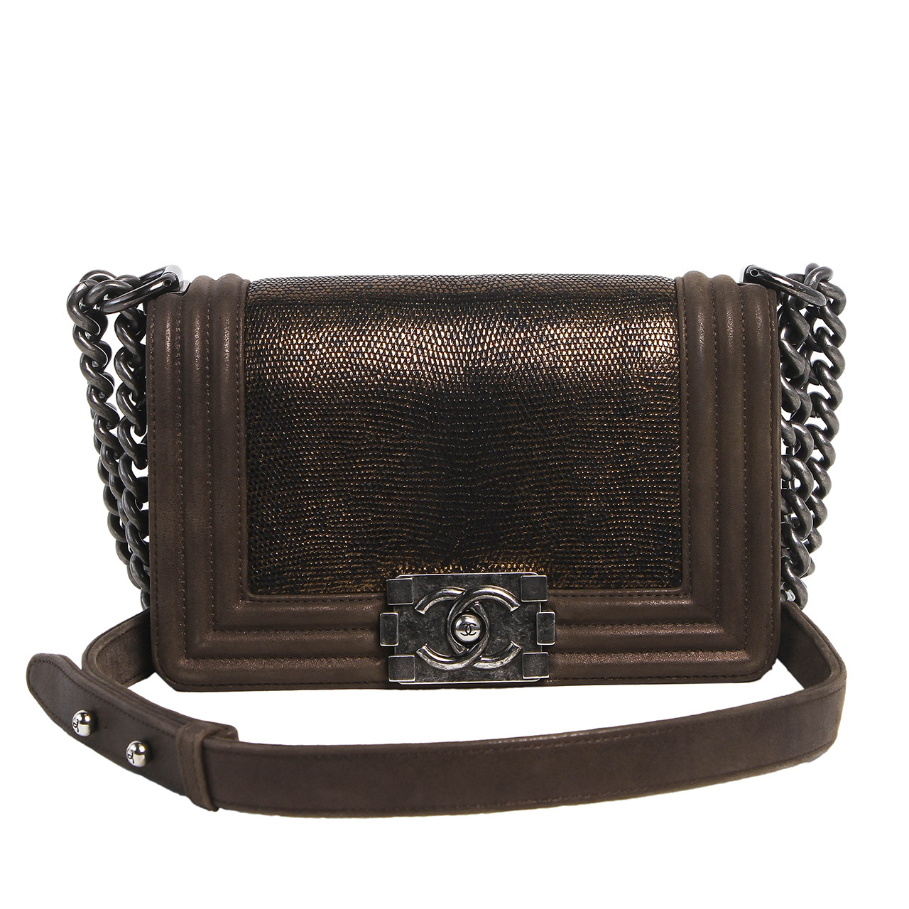 [9.5新]香奈儿chanel女士铜棕色蜥蜴皮小号复古限量手提单肩包