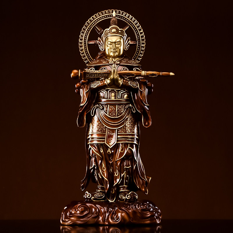 古铜描金韦陀佛像供奉纯铜韦驮菩萨朝天合掌韦陀总持护法神像摆件