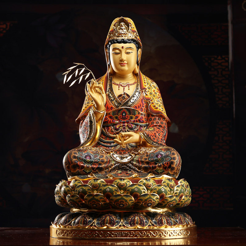 台湾手工贴金观音佛像纯铜彩绘观世音菩萨铜像居家供奉供佛摆件