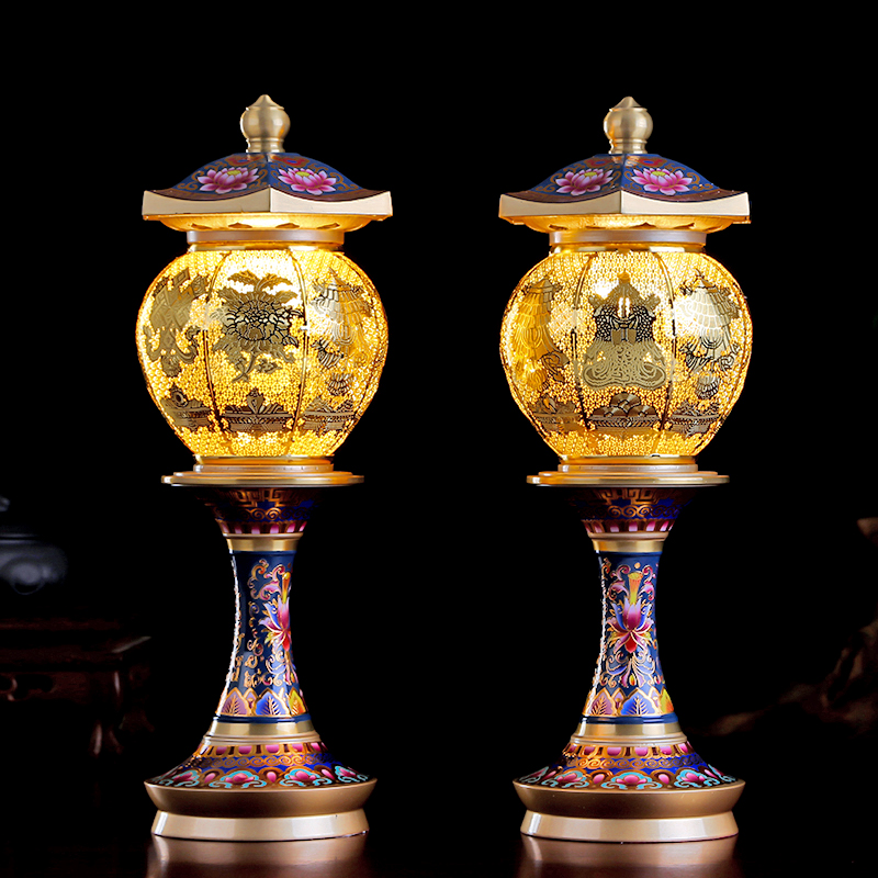 珐琅彩八吉祥莲花灯佛供灯插电led家用一对神社灯长明灯佛前供灯
