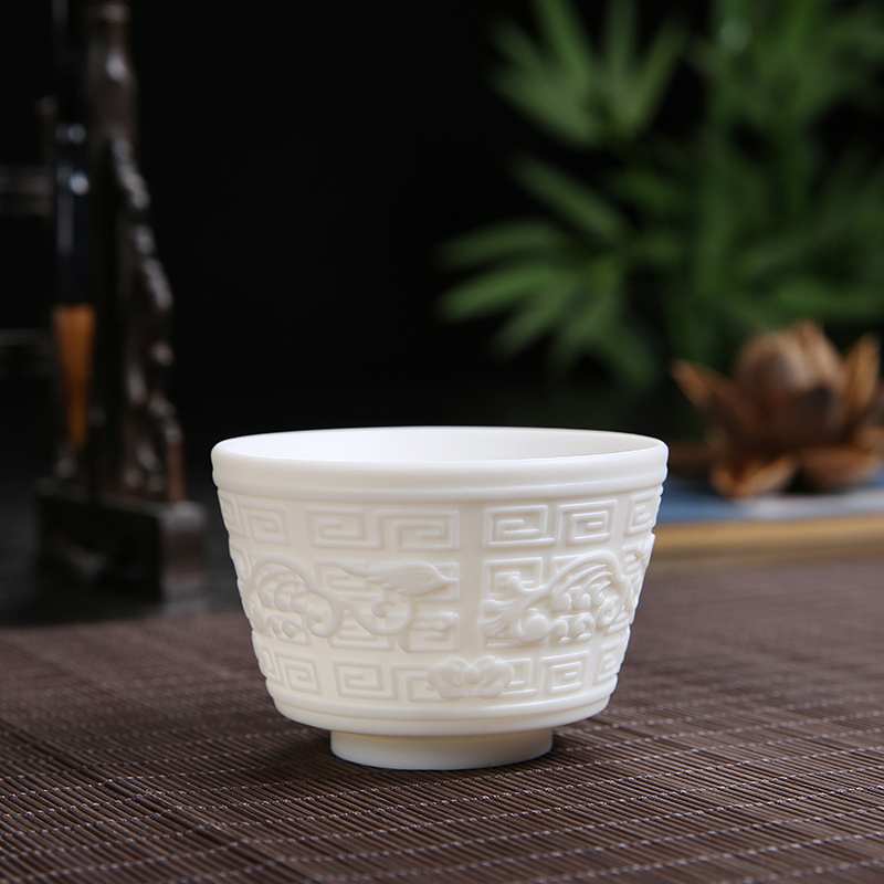 德化白瓷品茗杯子透明玉瓷茶杯浮雕 陶瓷象牙白功夫茶具主个人杯