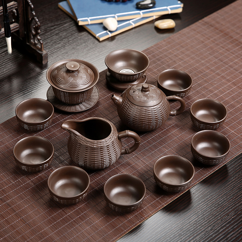 宜兴紫砂茶具套装特价 竹编泡茶壶茶杯茶海 陶瓷盖碗功夫茶具包邮