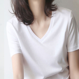 白色V领短袖T恤女士2023夏季新款丝光棉纯色冰丝纯棉体恤净版上衣