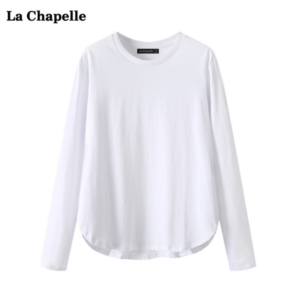 拉夏贝尔/La Chapelle圆领弧形下摆长袖t恤女秋季白色打底衫上衣