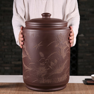 宜兴大号紫砂茶叶罐普洱20茶饼装密封大码茶缸手工存储茶桶陶瓷罐