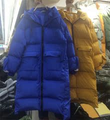 16冬季韩版女装连帽纯色加厚中长款棉衣女宽松背后大口袋过膝棉服