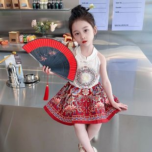 女童马面裙套装夏季中国风薄汉服表演服民族无袖上衣百褶裙两件套