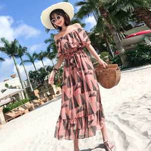 One shoulder dress with large swing Print Chiffon medium length skirt