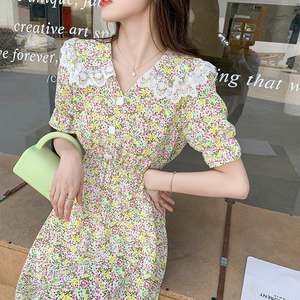 Doll collar mid long short sleeve floral Korean dress