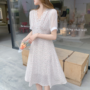 Short Sleeve Chiffon floral cut out mid length V-neck dress