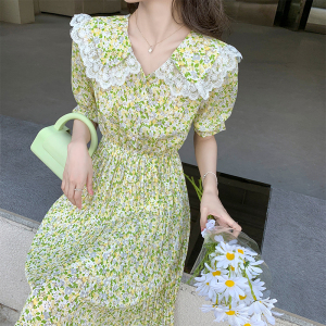 Summer Short Sleeve Chiffon pleated floral medium length dress