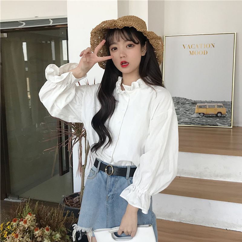 春季新款木耳领衬衫女装韩版学生花边领长袖宽松百搭灯笼袖上衣潮在类目 女装/女士精品, 衬衫中 - 来自Buy2taobao.com提供专业的淘宝代购服务