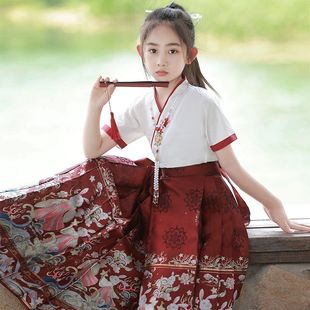 马面女童套装中国日常儿童汉服古风古装夏季短袖薄款唐装半身裙