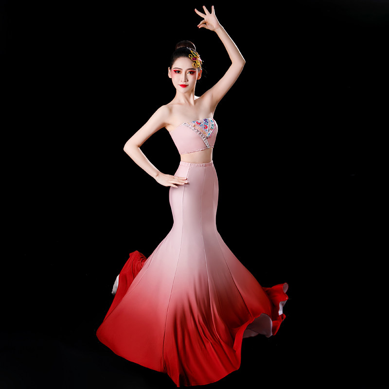 傣族舞蹈艺考服装女民族孔雀舞渐变色鱼尾裙演出服儿童练功表演服