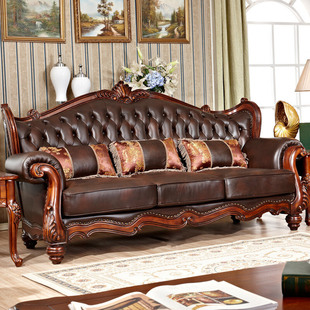 美式实木真皮沙发客厅复古皮艺沙发组合别墅雕花沙发欧式奢华家具