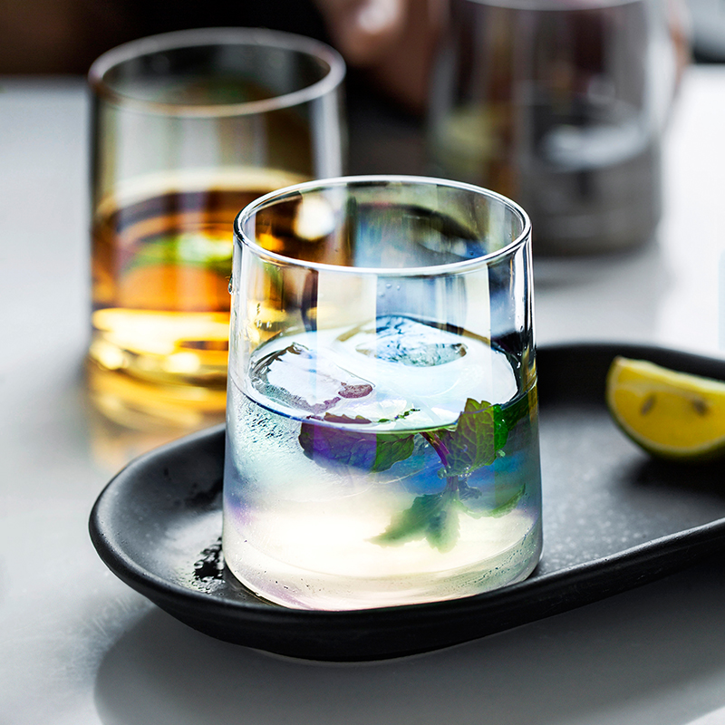 ins透明玻璃水杯炫彩离子镀玻璃杯威士忌酒杯简约家用饮料杯子