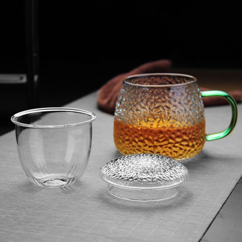 锤纹玻璃茶杯办公室耐高温日式秋泡茶水杯花茶杯带盖茶水分离杯子
