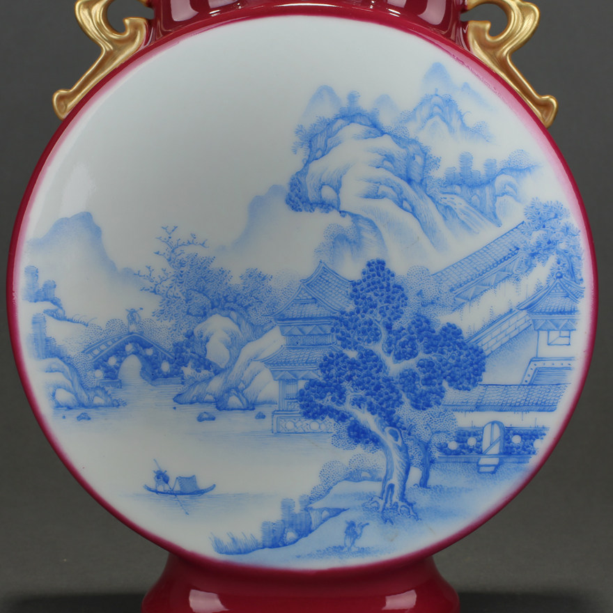 陈德明老艺人非遗传承人作品(红釉蓝彩山水三管瓶)