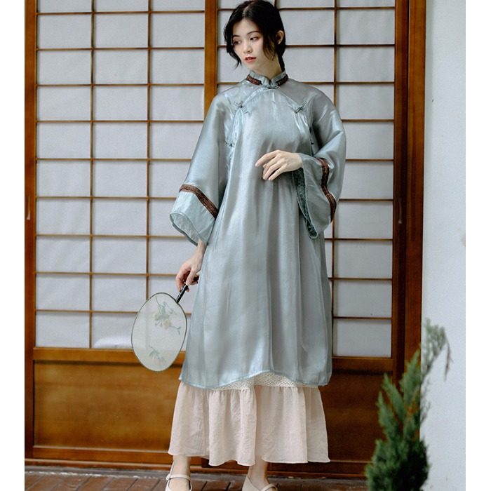 复古法式罩衫生凉松石绿汉服中国风改良版旗袍式连衣裙两件套日常