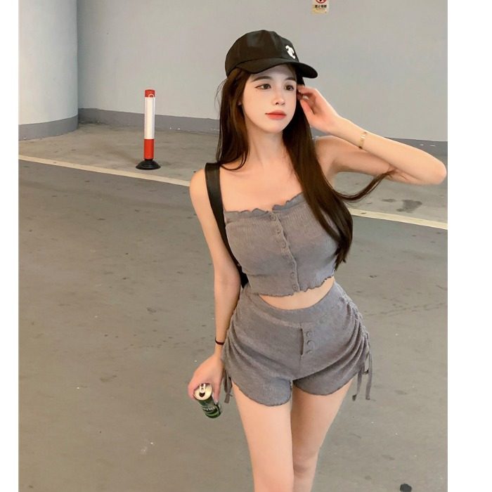 网红抖音同款直播衣服女主播服装吊带背心抽绳短裤日常外穿小套装