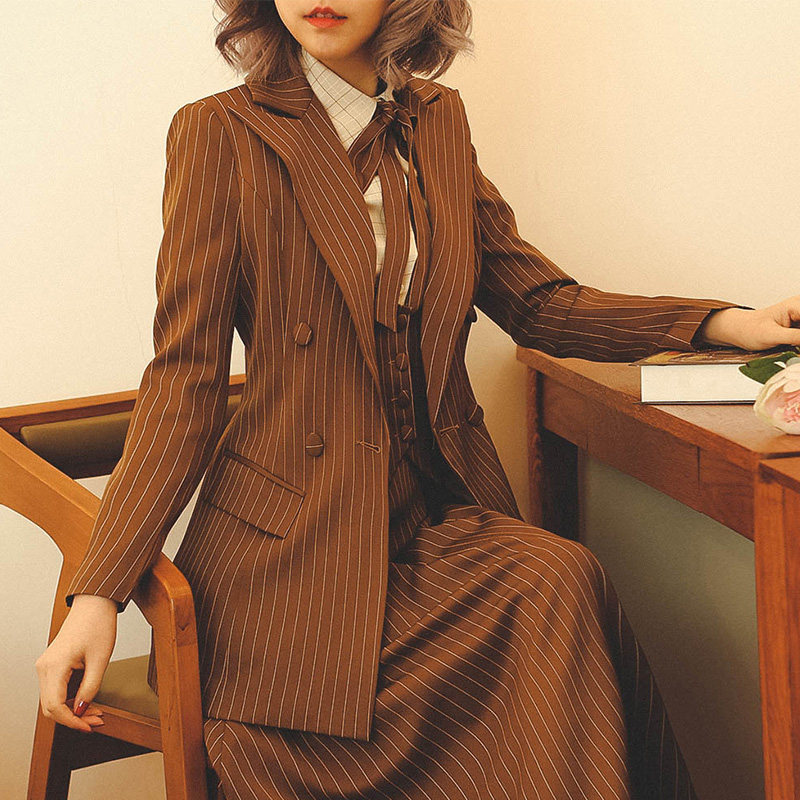 西装领外套女棉衣_弥爱原创设计春新品复古条纹女长款西装外套