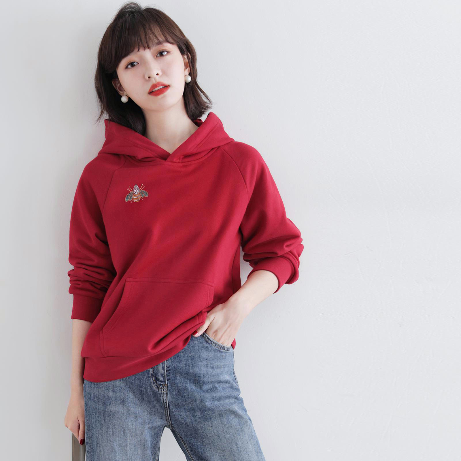 连帽红色卫衣女宽松韩版春秋2021新款洋气套头纯棉休闲长袖上衣潮