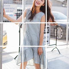 2018夏季韩版新款女装学生修身显瘦中长款无袖格子不规则连衣裙女