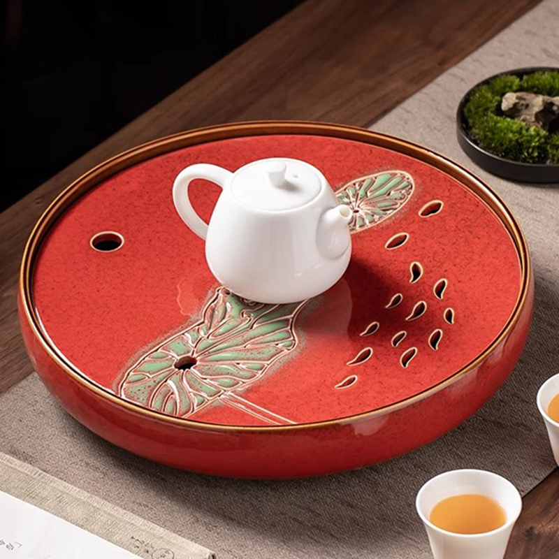 大小型号圆形陶瓷茶盘家用客厅干泡盘茶台排水储水沥水茶海茶托盘