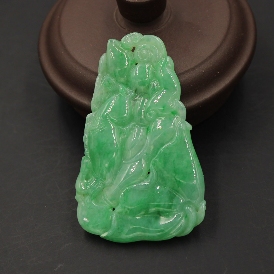 老坑翡翠 豆种绿色鸳鸯戏水挂件 16.15g