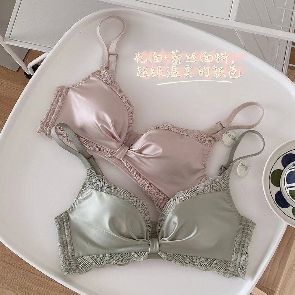 无痕缎面内衣女纯欲真丝丝绸蕾丝文胸套装小胸聚拢显大乳胶胸罩