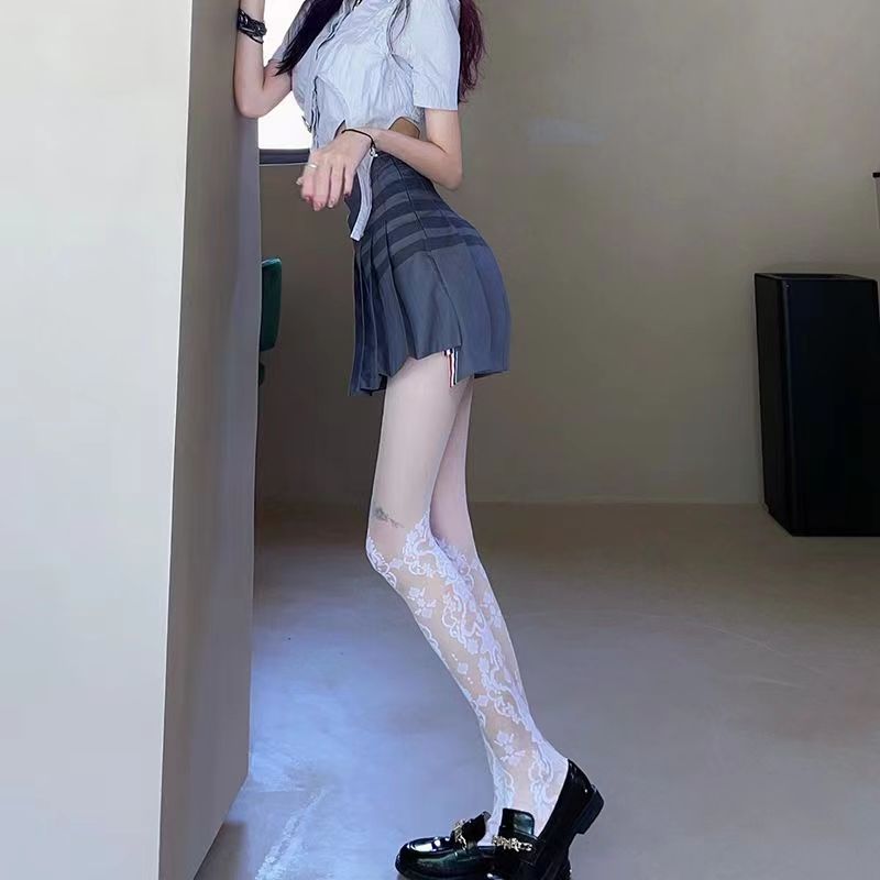 性感白色复古花纹丝袜女薄款时尚小腿