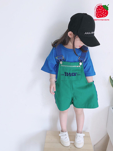 女童套装2024夏季新款T恤儿童洋气韩版中小童背带短裤短袖两件套3