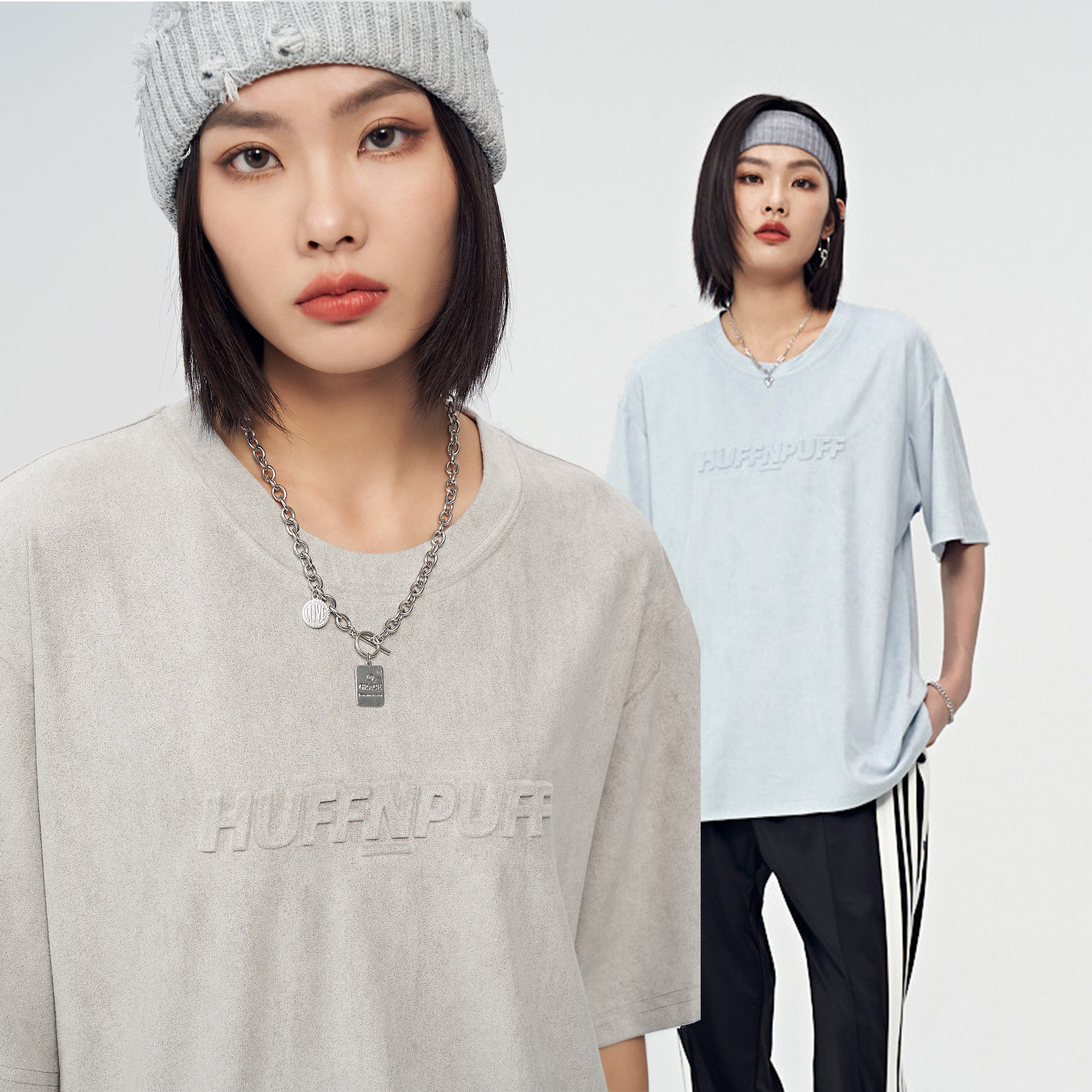 huffnpuff麂皮baby银灰钢印压印logo休闲短袖潮牌t恤