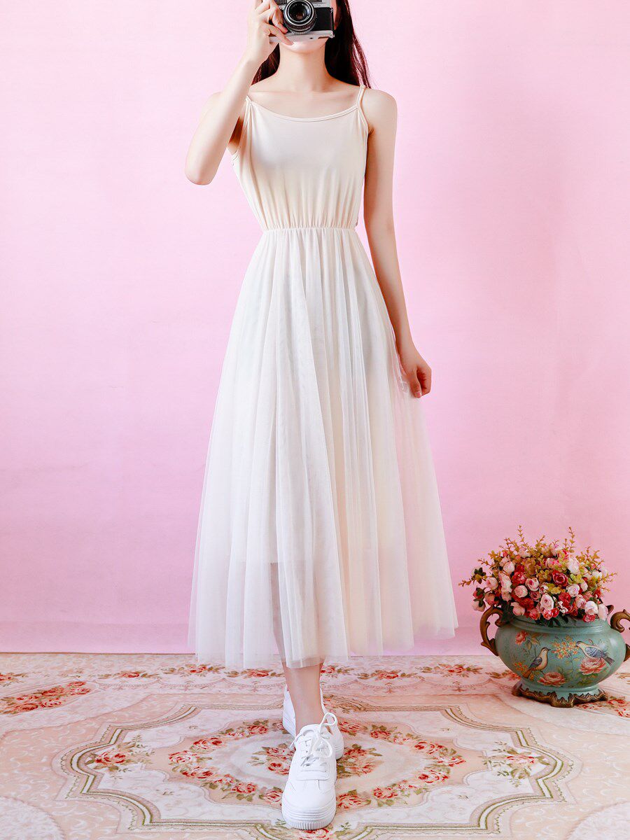 背心纱裙长款复古内搭网纱拼接仙女连衣裙收腰打底长裙小清新吊带